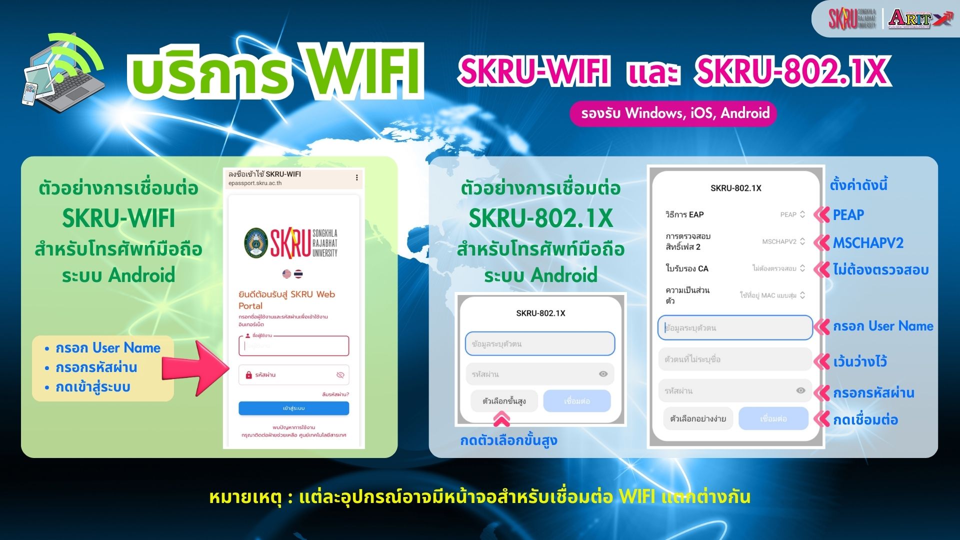 สำนักวิทยบริการฯ ให้บริการ WIFI >> SKRU-WIFI และ SKRU-802.1X