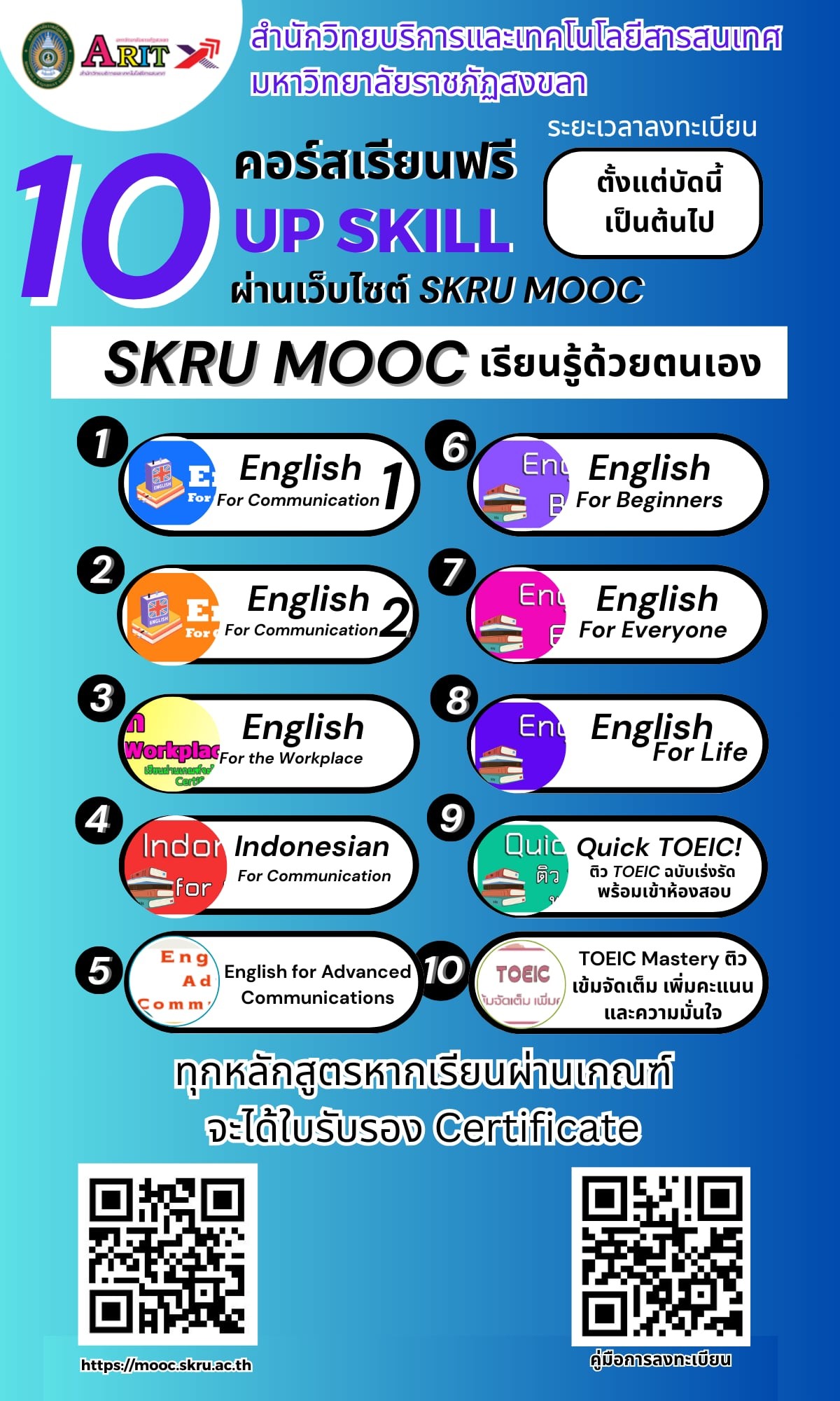 สำนักวิทยบริการฯ มรภ.สงขลา บริการคอร์สเรียนออนไลน์ด้านภาษาฟรี ผ่านระบบ SKRU MOOC